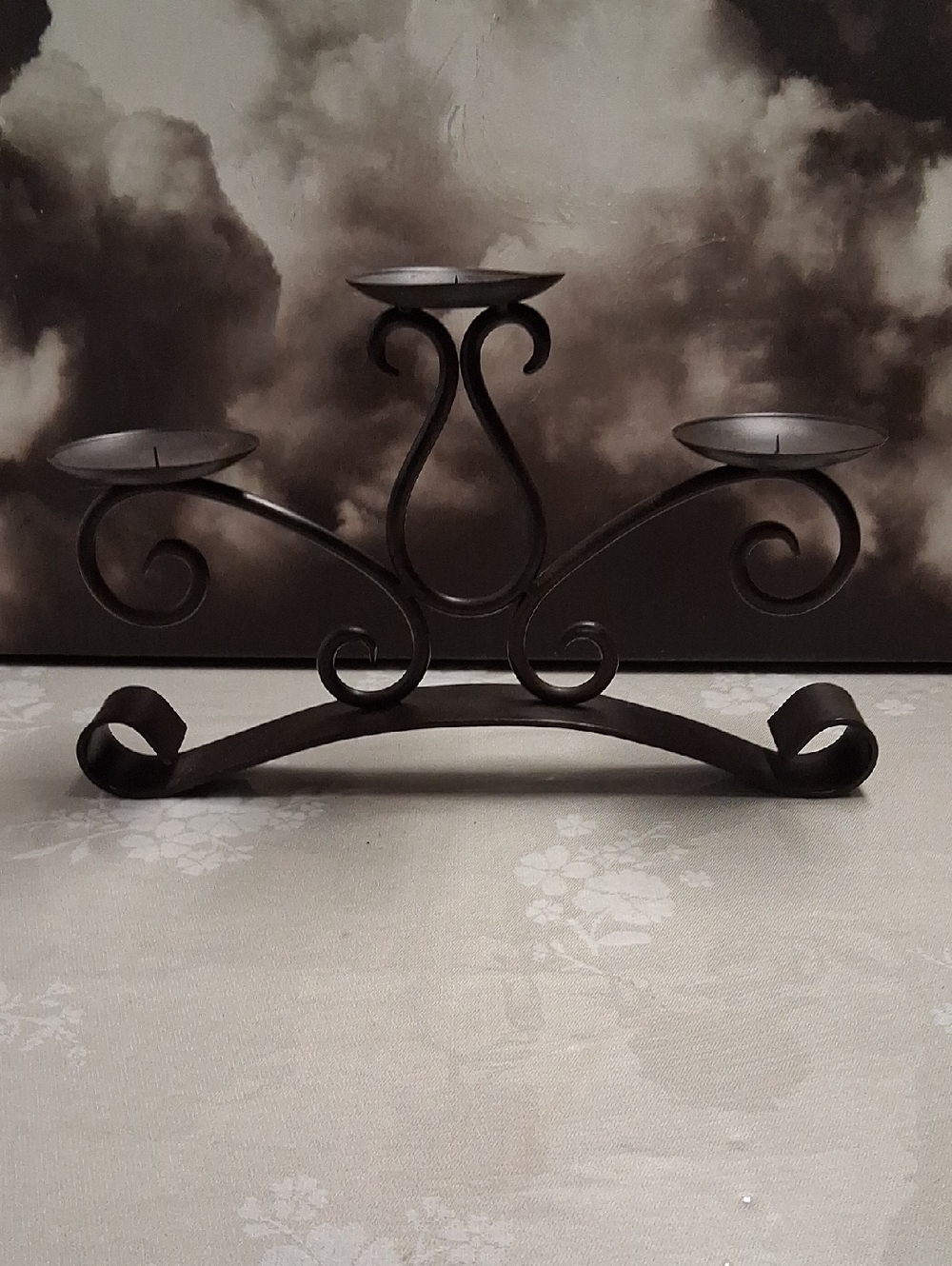 Ornate Three-Arm Scroll Metal Candle Holder in Black